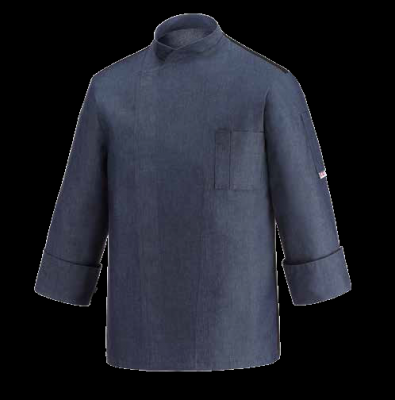 Куртка поварская мужская на кнопках, длинный рукав, ассиметричная застежка, воротник-стойка, нагрудный карман, 60% полиэстер, 40% хлопок, синий джинса,  